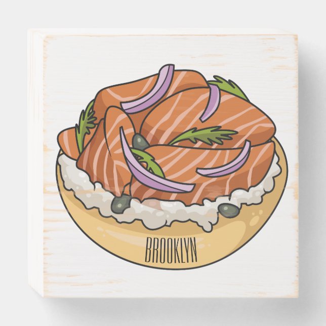 Salmon bagel cartoon illustration  wooden box sign (Front Horizontal)