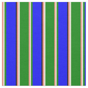 Salmon, Bisque, Green, Blue & Black Lined Pattern Fabric