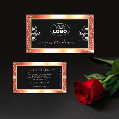Salmon Black Sparkling Diamonds with Logo Ornate Business Card