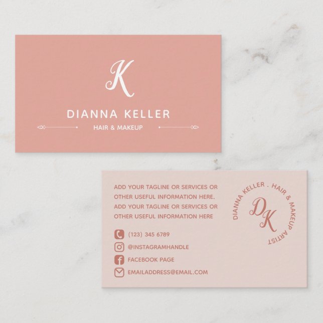 Salmon & Blush Monogram Social Media Business Card (Front/Back)