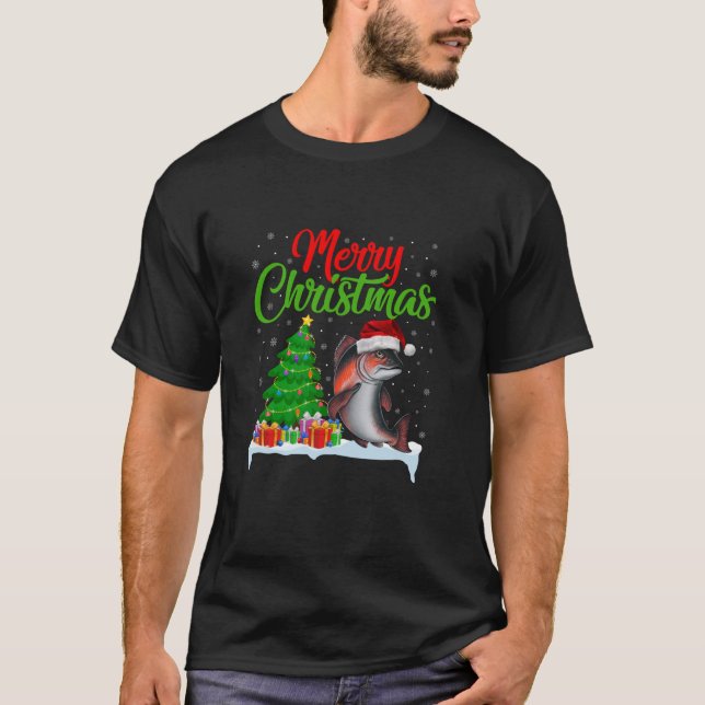 Salmon Christmas Tree Lights Funny Xmas Salmon Lov T-Shirt (Front)