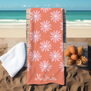 Salmon Color BOHO Daisy Pattern Custom Name Beach Towel