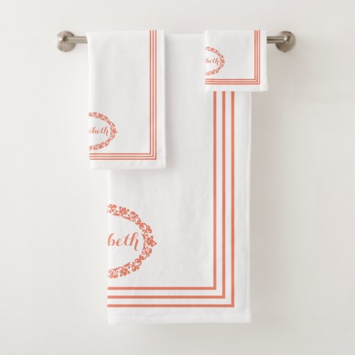 Salmon Color Name in Floral Ovals with Rectangles Bath Towel Set