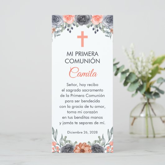 Salmon Colored Flowers First Communion Bookmark (Standing Front)