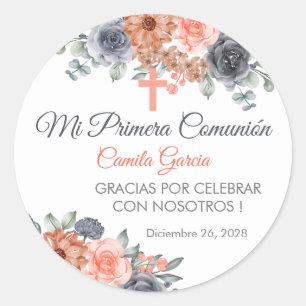 Salmon Colored Flowers in Spanish First Communion  Classic Round Sticker