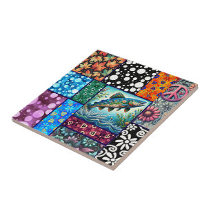 Salmon Crazy Quilt Floral Whimsical Colorful Ceramic Tile