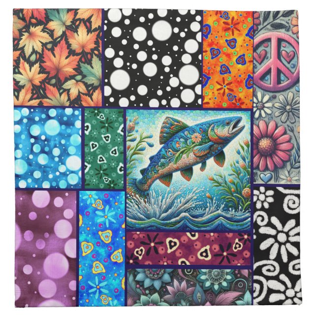 Salmon Crazy Quilt Floral Whimsical Colorful Cloth Napkin (Front)