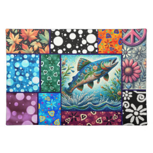 Salmon Crazy Quilt Floral Whimsical Colorful Cloth Placemat