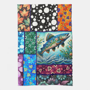 Salmon Crazy Quilt Floral Whimsical Colorful Kitchen Towel
