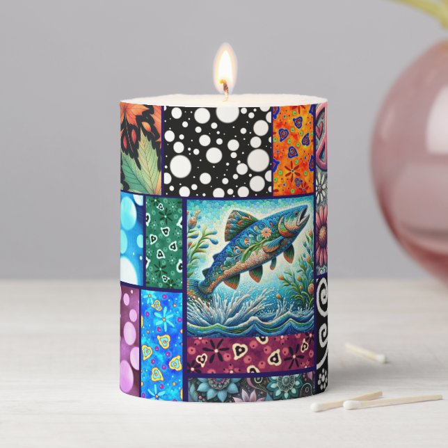 Salmon Crazy Quilt Floral Whimsical Colorful Pillar Candle (In Situ)