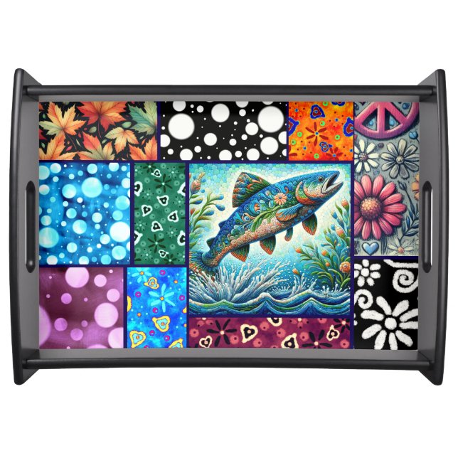 Salmon Crazy Quilt Floral Whimsical Colorful Serving Tray (Front)