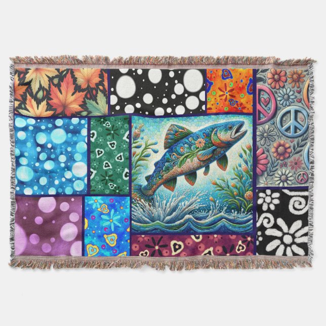 Salmon Crazy Quilt Floral Whimsical Colorful Throw Blanket (Front)