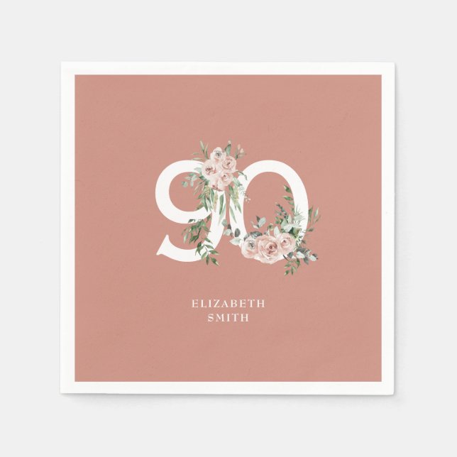 Salmon Elegant Pink Rose 90th Birthdday Napkins (Front)