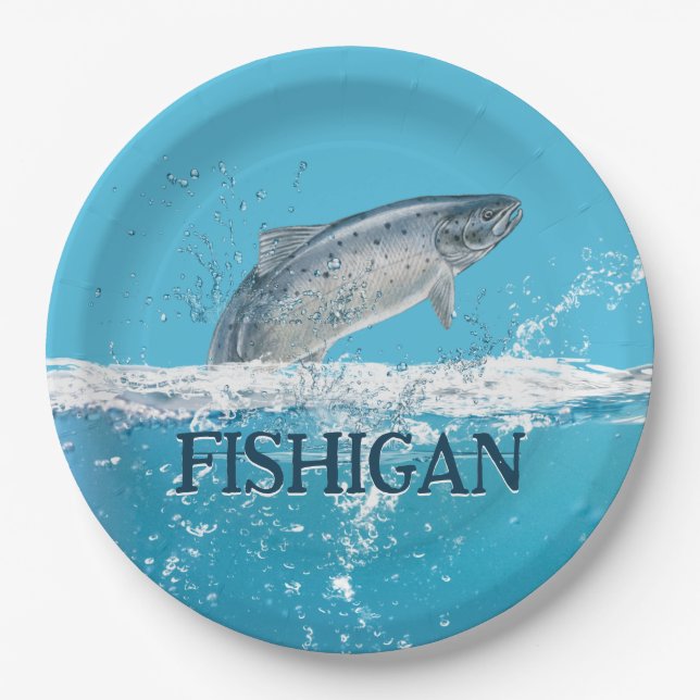 Salmon Fish In Water With Michigan Text Paper Plates (Front)