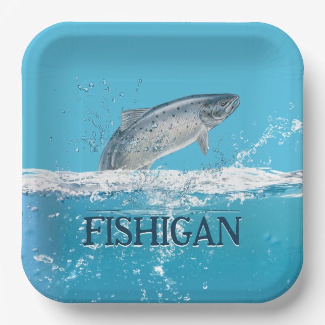Salmon Fish In Water With Michigan Text Paper Plates (Front)