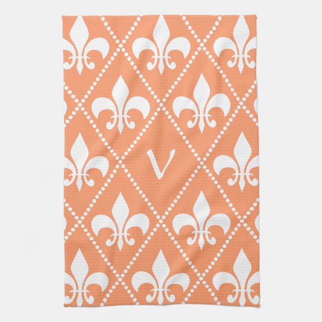 Salmon Fleur de Lis with monogram initial Towel (Vertical)