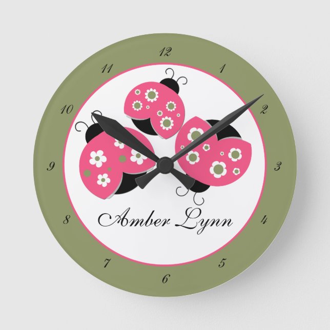 Salmon & Green Ladybugs Round Clock (Front)