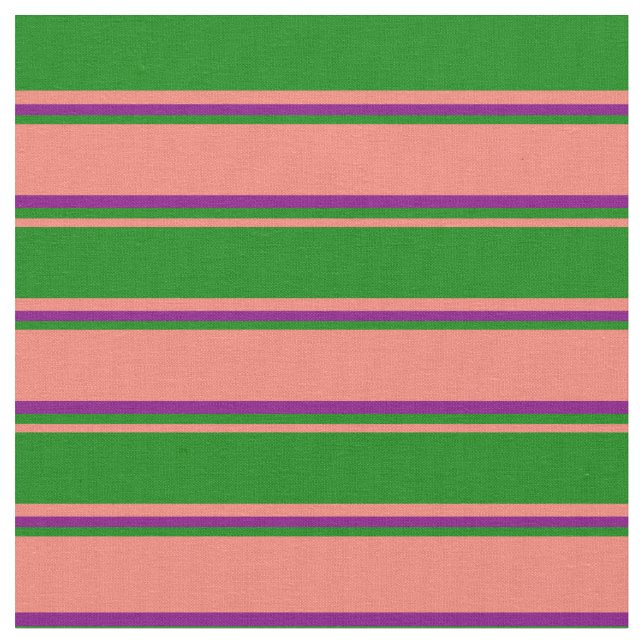 Salmon, Green & Purple Colored Striped Pattern Fabric (Close Up)