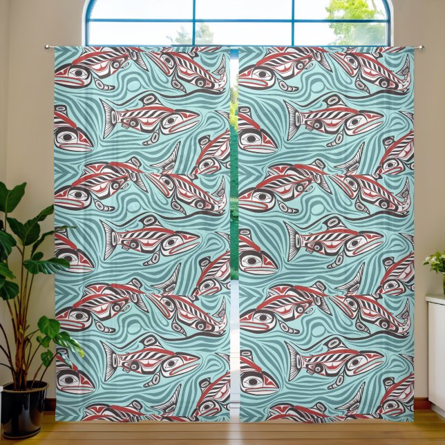 Salmon Haida Art Spirit Pacific Northwest Native Sheer Curtains (Living Room)