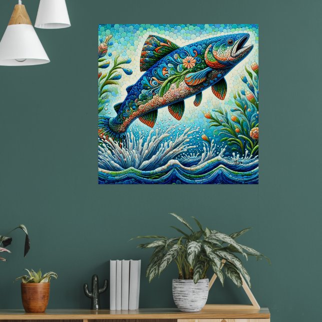 Salmon Jumping Mosaic Art Print – Blue Green Peach (Living Room 1)