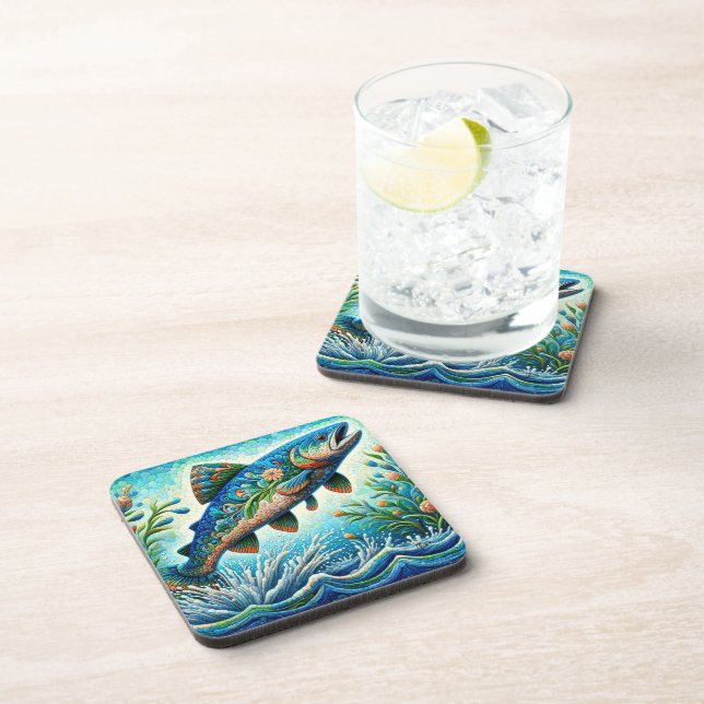 Salmon Jumping Mosaic Floral Blue Green Peach Beverage Coaster (Right Side)