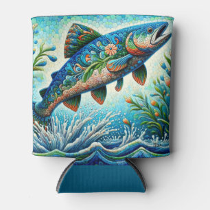 Salmon Jumping Mosaic Floral Blue Green Peach Can Cooler