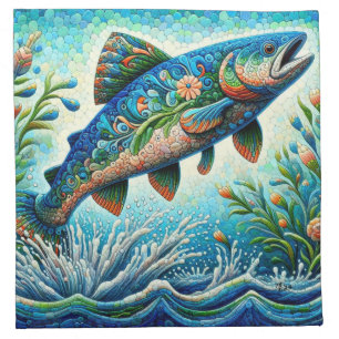 Salmon Jumping Mosaic Floral Blue Green Peach Cloth Napkin