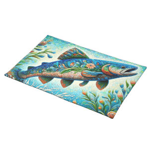Salmon Jumping Mosaic Floral Blue Green Peach Cloth Placemat