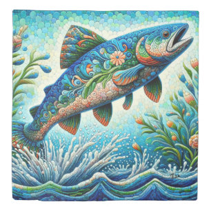 Salmon Jumping Mosaic Floral Blue Green Peach Duvet Cover