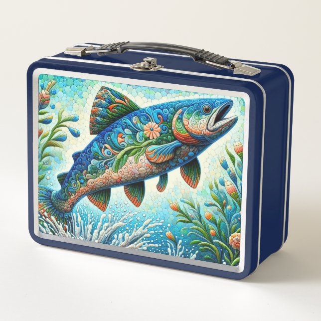 Salmon Jumping Mosaic Floral Blue Green Peach Metal Lunch Box (Front)