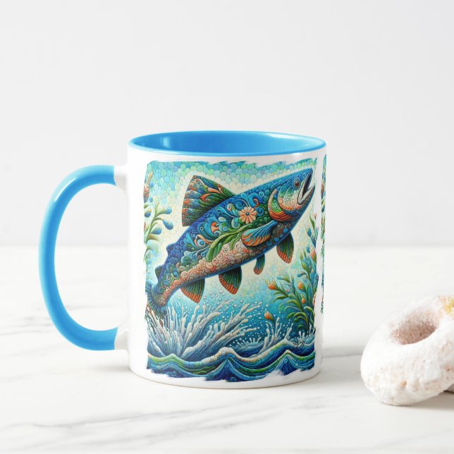 Salmon Jumping Mosaic Floral Blue Green Peach Mug (With Donut)