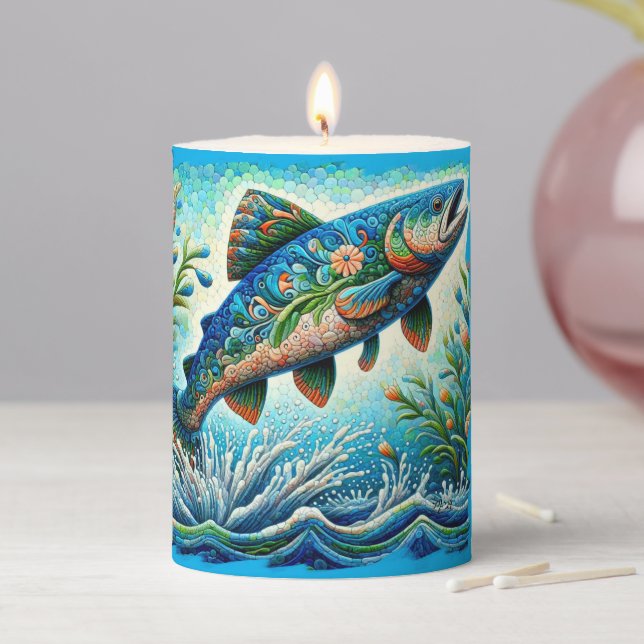 Salmon Jumping Mosaic Floral Blue Green Peach Pillar Candle (In Situ)