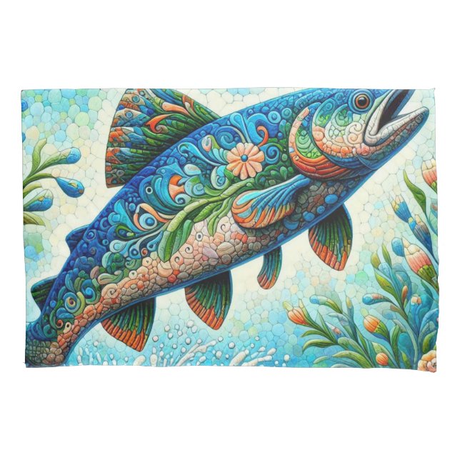 Salmon Jumping Mosaic Floral Blue Green Peach Pillow Case (Front)