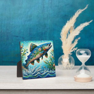 Salmon Jumping Mosaic Floral Blue Green Peach Plaque