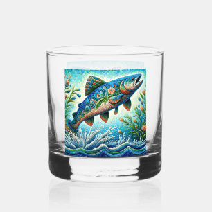 Salmon Jumping Mosaic Floral Blue Green Peach Whiskey Glass
