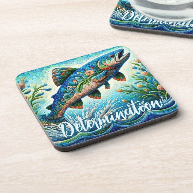 Salmon Jumping Mosaic Floral Blue Personalized Beverage Coaster (Left Side)