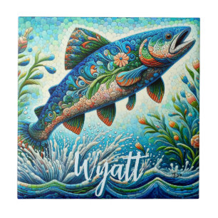 Salmon Jumping Mosaic Floral Blue Personalized Ceramic Tile