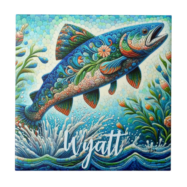 Salmon Jumping Mosaic Floral Blue Personalized Ceramic Tile (Front)
