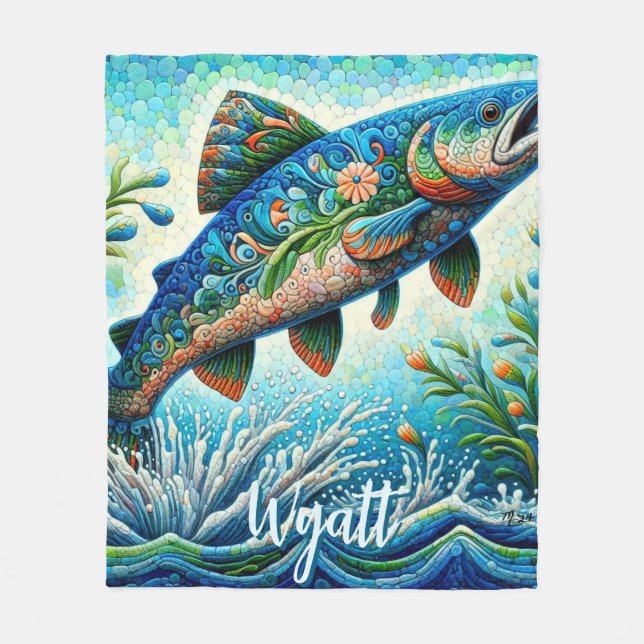 Salmon Jumping Mosaic Floral Blue Personalized Fleece Blanket (Front)