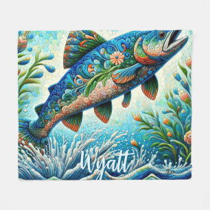 Salmon Jumping Mosaic Floral Blue Personalized Fleece Blanket