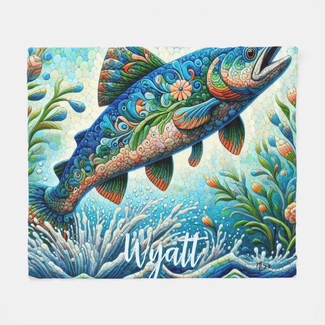 Salmon Jumping Mosaic Floral Blue Personalized Fleece Blanket (Front (Horizontal))