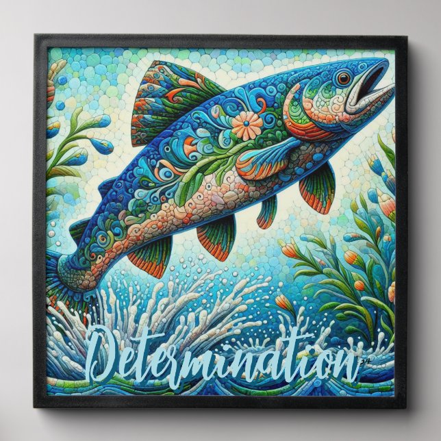 Salmon Jumping Mosaic Floral Blue Personalized Peel And Stick Photo Tile (Front Set)