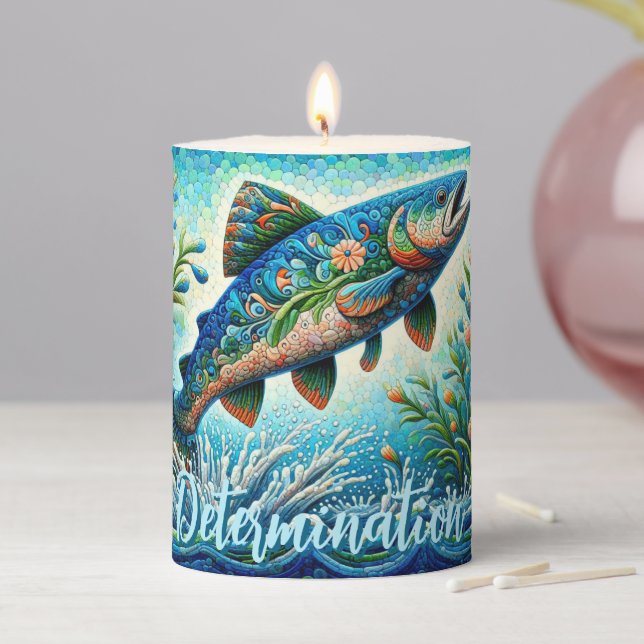 Salmon Jumping Mosaic Floral Blue Personalized Pillar Candle (In Situ)