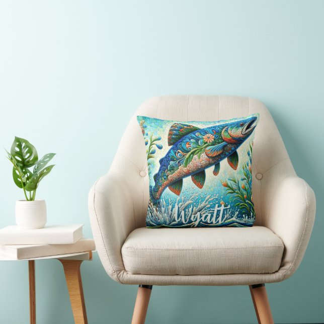 Salmon Jumping Mosaic Floral Blue Personalized Throw Pillow (Chair)