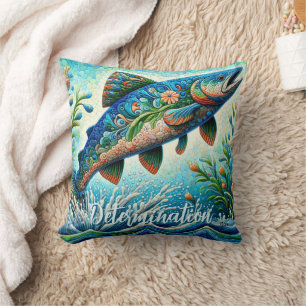 Salmon Jumping Mosaic Floral Blue Personalized Throw Pillow