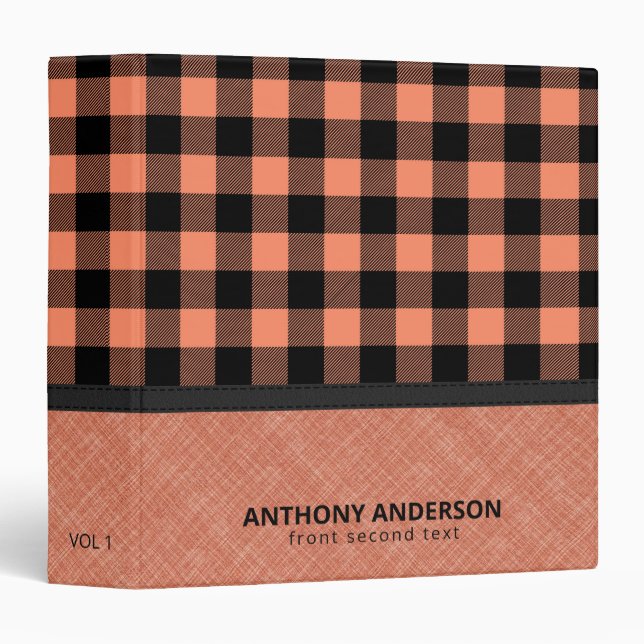 Salmon Linen Texture and Plaid  3 Ring Binder (Front/Spine)