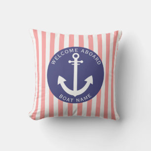 Salmon Navy Blue Stripe Boat Name Anchor Coastal Outdoor Pillow