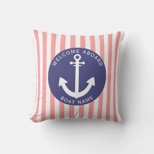Salmon Navy Blue Stripe Boat Name Anchor Nautical  Outdoor Pillow