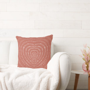 Salmon Orange Concentric White Hearts Boho Throw Pillow