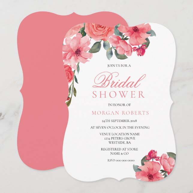 Salmon Peach Pink Floral Bridal shower Invite (Front/Back)